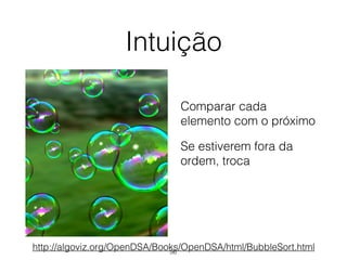 Intuição
Comparar cada
elemento com o próximo
Se estiverem fora da
ordem, troca
http://algoviz.org/OpenDSA/Books/OpenDSA/html/BubbleSort.html56
 