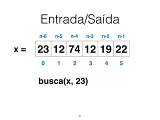 Entrada/Saída
12 74 12 19 2223x =
0 1 2 3 4 5
n-6 n-5 n-4 n-3 n-2 n-1
busca(x, 23)
6
 