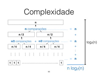 Complexidade
n
n / 2 n / 2
n / 4
1 …………………………..
n / 4 n / 4 n / 4
1 1 1
…
…
…
…
…
…
…
…
…
…
…
…
n comparações
n/2 comparações n/2 comparações
log2(n)
n log2(n)
n
+ n
n
…
+
+
+
……………… =
…… =
… =
89
 