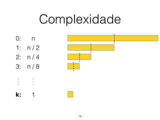 Complexidade
0: n
1: n / 2
2: n / 4
3: n / 8
k: 1
.
.
.
.
.
.
19
 