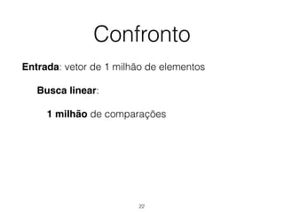 Confronto
Entrada: vetor de 1 milhão de elementos
Busca linear:
1 milhão de comparações
22
 