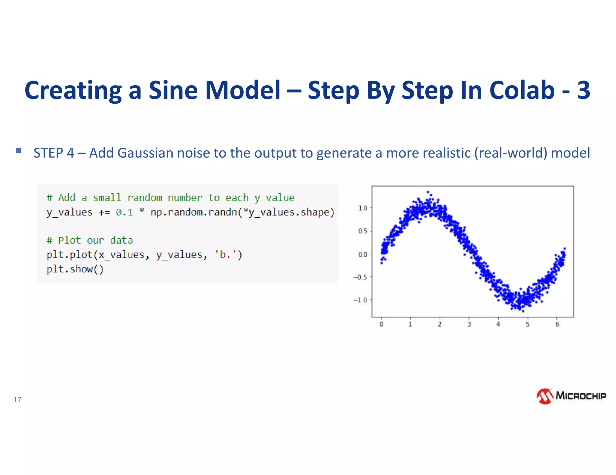 17
Creating a Sine Model – Step By Step In Colab - 3
▪ STEP 4 – Add Gaussian noise to the output to generate a more realistic (real-world) model
 
