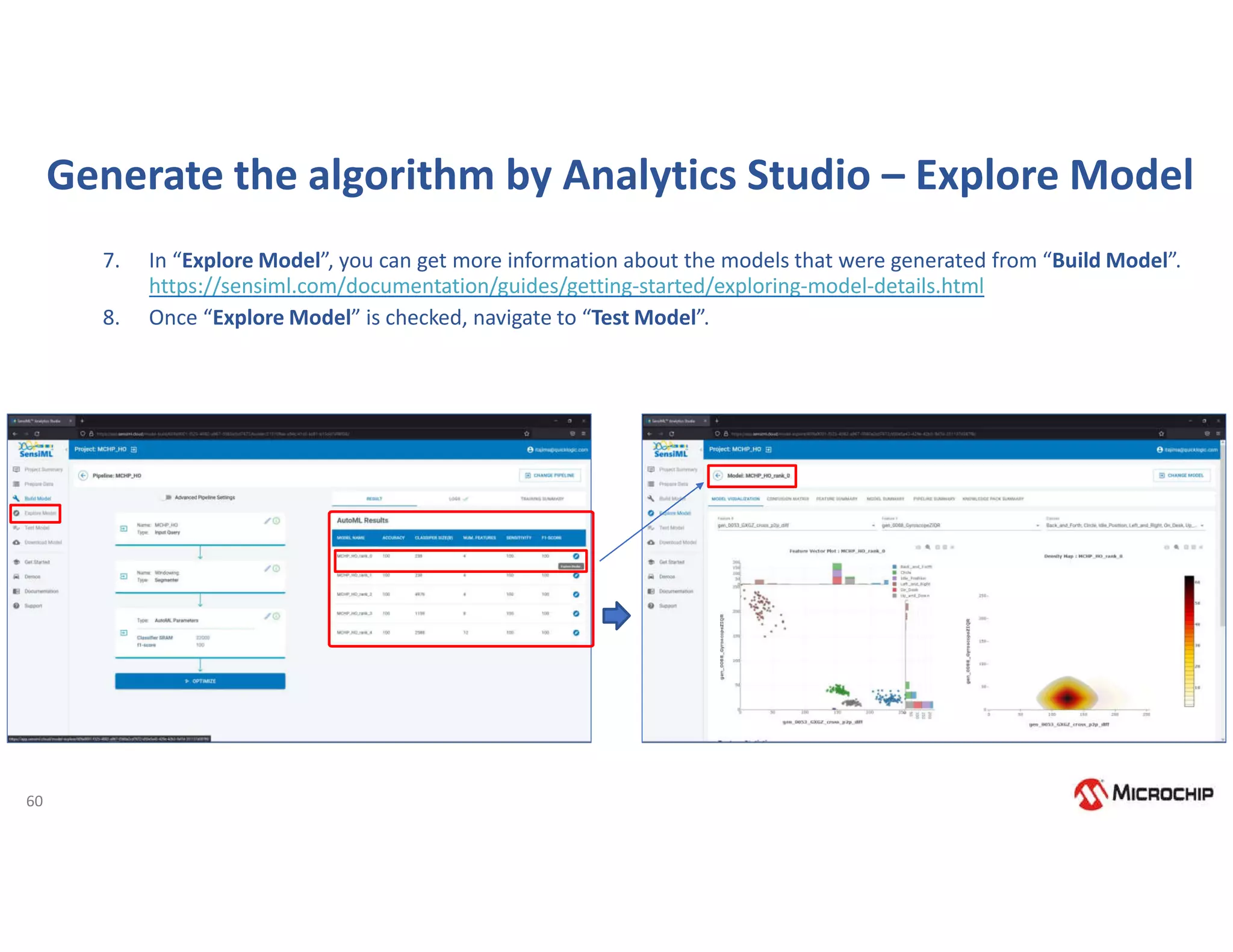 60
Generate the algorithm by Analytics Studio – Explore Model
7. In “Explore Model”, you can get more information about the models that were generated from “Build Model”.
https://sensiml.com/documentation/guides/getting-started/exploring-model-details.html
8. Once “Explore Model” is checked, navigate to “Test Model”.
 