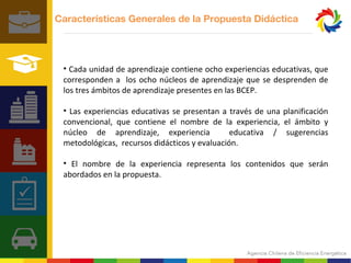 Características Generales de la Propuesta Didáctica 
• Cada unidad de aprendizaje contiene ocho experiencias educativas, que 
corresponden a los ocho núcleos de aprendizaje que se desprenden de 
los tres ámbitos de aprendizaje presentes en las BCEP. 
• Las experiencias educativas se presentan a través de una planificación 
convencional, que contiene el nombre de la experiencia, el ámbito y 
núcleo de aprendizaje, experiencia educativa / sugerencias 
metodológicas, recursos didácticos y evaluación. 
• El nombre de la experiencia representa los contenidos que serán 
abordados en la propuesta. 
 