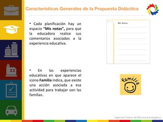 Características Generales de la Propuesta Didáctica 
• Cada planificación hay un 
espacio “Mis notas”, para que 
la educadora realice sus 
comentarios asociados a la 
experiencia educativa. 
• En las experiencias 
educativas en que aparece el 
icono Familia indica, que existe 
una acción asociada a esa 
actividad para trabajar con las 
familias. 
 