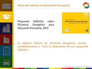 Hitos del trabajo en Educación Parvularia 
os del 
Propuesta Didáctica sobre 
Eficiencia Energética para 
Educación Parvularia, 2013 
La Agencia Chilena de Eficiencia Energética, avanza 
cualitativamente y licita la elaboración de una propuesta 
didáctica. 
 
