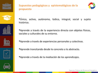 Supuestos pedagógicos y epistemológicos de la 
propuesta didáctica 
Único, activo, autónomo, lúdico, integral, social y sujeto 
histórico. 
Aprende a través de la experiencia directa con objetos físicos, 
sociales y culturales de su entorno. 
Aprende a través de experiencias personales y colectivas. 
Aprende transitando desde lo concreto a lo abstracto. 
Aprende a través de la mediación de los aprendizajes. 
 