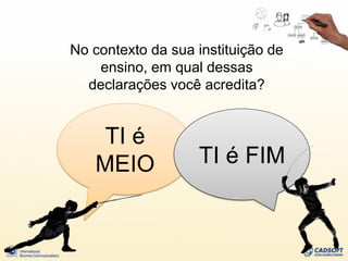 No contexto da sua instituição de
    ensino, em qual dessas
  declarações você acredita?


    TI é
   MEIO            TI é FIM
 