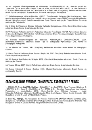 26. IV Congresso Sul-Riograndense de Biociências. TRANSFORMAÇÃO DE TABACO (NICOTINA
TABACUM L.) VIA AGROBACTERIUM TUMEFACIENS VISANDO A PRODUÇÃO DE UM ANTÍGENO
CONTRA A PMS (PNEUMONIA MICOPLÁSMATICA SUÍNA). 2008. (Congresso). Referências adicionais:
Brasil. Tipo de participação: Poster / Painel. Forma de participação: Participante.
27. XVII Congresso de Iniciação Científica - UFPEL. Transformação de tabaco (Nicotina tabacum L.) via
Agrobacterium tumefaciens visando a produção de um antígeno contra a PMS (Pneumonia Micoplásmica
Suína). 2008. (Congresso). Referências adicionais: Brasil. Tipo de participação: Poster / Painel. Forma de
participação: Participante.
28. 3° Ciclo de Palestra de Biologia Molecular Aplicada Conteporânea. 2008. (Seminário). Referências
adicionais: Brasil. Forma de participação: Ouvinte.
29. VII Feira das Profissões do Centro Federal de Educação Tecnológica - CEFET. Apresentação do curso
de Ciências Biológicas. 2008. (Outra). Referências adicionais: Brasil. Tipo de participação: Outras Formas.
Forma de participação: Participante.
30. Ciências Micromorfologicas em discussão. ABERRAÇÕES CROMOSSÔMICAS. 2007.
(Seminário). Referências adicionais: Brasil. Tipo de participação: Apresentação Oral. Forma de
participação: Participante.
31. VII Semana de Química, 2007. (Simpósio). Referências adicionais: Brasil. Forma de participação:
Ouvinte.
32. Fórum Estadual de Educação de Surdos - Região Sul, 2007. (Simpósio). Referências adicionais: Brasil.
Forma de participação: Ouvinte.
33. IX Semana Acadêmica da Biologia, 2007. (Simpósio). Referências adicionais: Brasil. Forma de
participação: Ouvinte.
34. Terapia Gênica, 2007. (Outra). Referências adicionais: Brasil. Forma de participação: Ouvinte.
35. Saúde Individual é Saúde Coletiva, 2005. (Outra). Referências adicionais: Brasil. Forma de
participação: Ouvinte.
1. GONÇALES, R. A ; CASTRO, Rodrigo. ; CASARIN, F. M. ; BARRETO, Cindy Tavares ; GAMA, A. C.
; GOUVEA, L. P. ; Klaser.C ; RIVAROLI, A. P. ; SASSI, J. S. I Simpósio Regional das Licenciaturas:
Perspectivas e possibilidades, 2010. (Outro). Grande área: Ciências Humanas / Área:
Educação. Referências adicionais: Brasil/Português; Meio de divulgação: Vários; Evento itinerante: Não;
Duração do evento: 1; Local: UFPEL; Cidade: Pelotas.
2. CASTRO, Rodrigo. XIX Congresso de Iniciação Científica/XII ENPOS/II Mostra Científica, 2010.
(Congresso). Referências adicionais: Brasil/Português; Meio de divulgação: Vários; Evento itinerante: Não;
Duração do evento: 1; Cidade: Pelotas; Inst. promotora/financiadora: UFPEL.
 