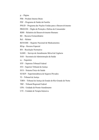 p. – Página
PIB – Produto Interno Bruto
PSF – Programa de Saúde da Família
PNUD – Programa das Nações Unidas para o Desenvolvimento
PROCON – Órgão de Proteção e Defesa do Consumidor
RDH – Relatório de Desenvolvimento Humano
RE – Recurso Extraordinário
Rel. – Relator
RENAME – Registro Nacional de Medicamentos
REsp – Recurso Especial
RN – Resolução Normativa
SAMU – Serviço de Atendimento Móvel de Urgência
SAS – Secretaria de Administração da Saúde
ss. – Seguintes
STF – Supremo Tribunal Federal
STJ – Superior Tribunal de Justiça
SUS – Sistema Único de Saúde
SUSEP – Superintendência de Seguros Privados
TJ – Tribunal de Justiça
TJRN – Tribunal de Justiça do Estado do Rio Grande do Norte
TRF – Tribunal Regional Federal
UPA – Unidade de Pronto Atendimento
UTI – Unidade de Terapia Intensiva
 