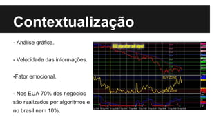 Contextualização
- Análise gráfica.
- Velocidade das informações.
-Fator emocional.
- Nos EUA 70% dos negócios
são realizados por algoritmos e
no brasil nem 10%.
 