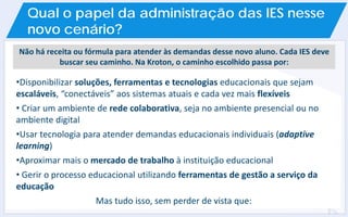 •Disponibilizar soluções, ferramentas e tecnologias educacionais que sejam
escaláveis, “conectáveis” aos sistemas atuais e cada vez mais flexíveis
• Criar um ambiente de rede colaborativa, seja no ambiente presencial ou no
ambiente digital
•Usar tecnologia para atender demandas educacionais individuais (adaptive
learning)
•Aproximar mais o mercado de trabalho à instituição educacional
• Gerir o processo educacional utilizando ferramentas de gestão a serviço da
educação
Mas tudo isso, sem perder de vista que:
Qual o papel da administração das IES nesse
novo cenário?
Não há receita ou fórmula para atender às demandas desse novo aluno. Cada IES deve
buscar seu caminho. Na Kroton, o caminho escolhido passa por:
 