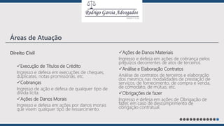 Direito Civil
Execução de Títulos de Crédito
Ingresso e defesa em execuções de cheques,
duplicatas, notas promissórias, etc.
Cobranças
Ingresso de ação e defesa de qualquer tipo de
dívida lícita.
Ações de Danos Morais
Ingresso e defesa em ações por danos morais
que visem qualquer tipo de ressarcimento.
Ações de Danos Materiais
Ingresso e defesa em ações de cobrança pelos
prejuízos decorrentes de atos de terceiros.
Análise e Elaboração Contratos
Análise de contratos de terceiros e elaboração
dos mesmos nas modalidades de prestação de
serviços, de fornecimento, de compra e venda,
de comodato, de mútuo, etc.
Obrigações de fazer
Ingresso e defesa em ações de Obrigação de
fazer, em caso de descumprimento de
obrigação contratual.
Áreas de Atuação
 