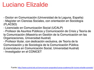 Luciano Elizalde!
- Doctor en Comunicación (Universidad de la Laguna, España)!
- Magíster en Ciencias Sociales, con orient...