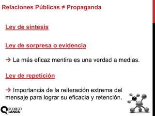 Relaciones Públicas ≠ Propaganda
Ley de síntesis
Ley de sorpresa o evidencia
 La más eficaz mentira es una verdad a medias.
Ley de repetición
 Importancia de la reiteración extrema del
mensaje para lograr su eficacia y retención.
 