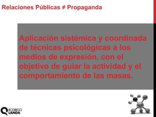 Aplicación sistémica y coordinada
de técnicas psicológicas a los
medios de expresión, con el
objetivo de guiar la actividad y el
comportamiento de las masas.
Relaciones Públicas ≠ Propaganda
 
