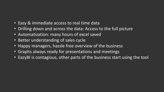 • Easy & immediate access to real time data
• Drilling down and across the data: Access to the full picture
• Automatization: many hours of excel saved
• Better understanding of sales cycle
• Happy managers, hassle free overview of the business
• Graphs always ready for presentations and meetings
• EazyBI is contagious, other parts of the business start using the tool
 
