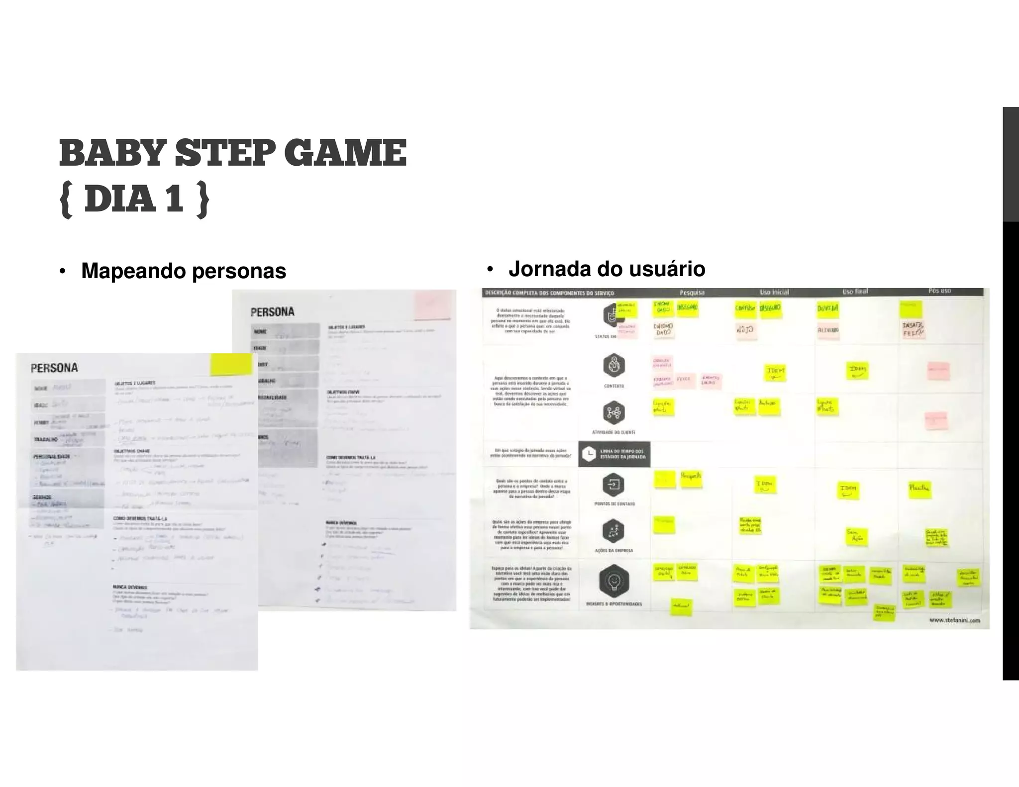 • Mapeando personas
BABY STEP GAME
{ DIA 1 }
• Jornada do usuário
 