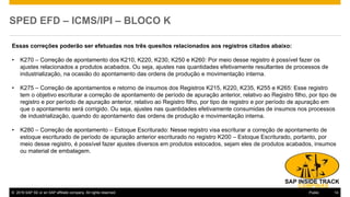 © 2016 SAP SE or an SAP affiliate company. All rights reserved. 14Public
SPED EFD – ICMS/IPI – BLOCO K
Essas correções poderão ser efetuadas nos três quesitos relacionados aos registros citados abaixo:
• K270 – Correção de apontamento dos K210, K220, K230, K250 e K260: Por meio desse registro é possível fazer os
ajustes relacionados a produtos acabados. Ou seja, ajustes nas quantidades efetivamente resultantes de processos de
industrialização, na ocasião do apontamento das ordens de produção e movimentação interna.
• K275 – Correção de apontamentos e retorno de insumos dos Registros K215, K220, K235, K255 e K265: Esse registro
tem o objetivo escriturar a correção de apontamento de período de apuração anterior, relativo ao Registro filho, por tipo de
registro e por período de apuração anterior, relativo ao Registro filho, por tipo de registro e por período de apuração em
que o apontamento será corrigido. Ou seja, ajustes nas quantidades efetivamente consumidas de insumos nos processos
de industrialização, quando do apontamento das ordens de produção e movimentação interna.
• K280 – Correção de apontamento – Estoque Escriturado: Nesse registro visa escriturar a correção de apontamento de
estoque escriturado de período de apuração anterior escriturado no registro K200 – Estoque Escriturado, portanto, por
meio desse registro, é possível fazer ajustes diversos em produtos estocados, sejam eles de produtos acabados, insumos
ou material de embalagem.
 
