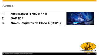 © 2016 SAP SE or an SAP affiliate company. All rights reserved. 2Public
Agenda
1 Atualizações SPED e NF-e
2 SAP TDF
3 Novos Registros do Bloco K (RCPE)
 