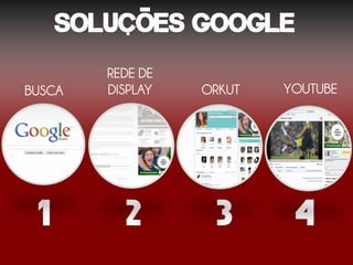 Solucões google
        REDE DE
BUSCA   DISPLAY   ORKUT   YOUTUBE




 1         2        3      4
 