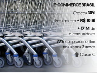 E-commerce brasil
          Cresceu 30%
Faturamento + R$ 10 BI
            + 17 m de
        e-consumidores
 77% compraram online
    nos últimos 3 meses
              Classe C


                      3
 