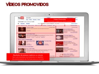 Vídeos promovidos


                                                             Vídeos Promovidos
                                                    Anunciantes pagam por essas posições




   Resultados de pesquisa orgânicos ou naturais
  Sem custo: resultados são baseados no algoritmo
  de posicionamento do YouTube para as consultas
 