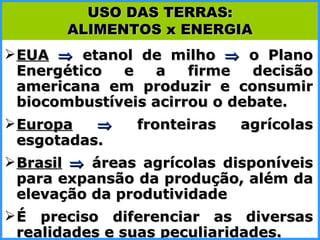EUA     etanol de milho    o Plano Energético e a firme decisão americana em produzir e consumir biocombustíveis acirrou o debate. Europa     fronteiras agrícolas esgotadas.  Brasil     áreas agrícolas disponíveis para expansão da produção, além da elevação da produtividade  É preciso diferenciar as diversas realidades e suas peculiaridades. USO DAS TERRAS: ALIMENTOS x ENERGIA 