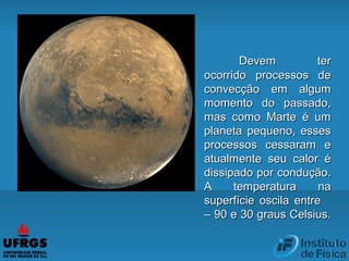 Devem terDevem ter
ocorrido processos deocorrido processos de
convecção em algumconvecção em algum
momento do passado,momento do passado,
mas como Marte é ummas como Marte é um
planeta pequeno, essesplaneta pequeno, esses
processos cessaram eprocessos cessaram e
atualmente seu calor éatualmente seu calor é
dissipado por condução.dissipado por condução.
A temperatura naA temperatura na
superfície oscila entresuperfície oscila entre
– 90 e 30 graus Celsius.– 90 e 30 graus Celsius.
 