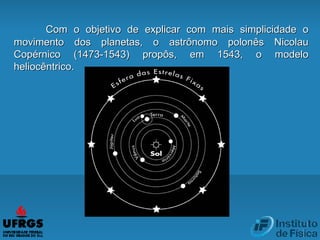 Com o objetivo de explicar com mais simplicidade oCom o objetivo de explicar com mais simplicidade o
movimento dos planetas, o astrônomo polonês Nicolaumovimento dos planetas, o astrônomo polonês Nicolau
Copérnico (1473-1543) propôs, em 1543, o modeloCopérnico (1473-1543) propôs, em 1543, o modelo
heliocêntrico.heliocêntrico.
 