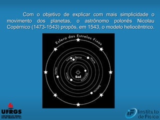 Com o objetivo de explicar com mais simplicidade o
movimento dos planetas, o astrônomo polonês Nicolau
Copérnico (1473-1543) propôs, em 1543, o modelo heliocêntrico.
 