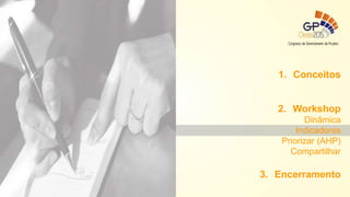 1. Conceitos
2. Workshop
Dinâmica
Indicadores
Priorizar (AHP)
Compartilhar
3. Encerramento
 