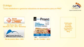Ed. 43 – Fev/Mar – 2012
São Paulo, Dez – 2011
São Paulo, Dez – 2012 - Workshop
Rio de Janeiro, Maio – 2012
O Artigo:
“Como estabelecer e gerenciar indicadores de desempenho para um PMO”
Publicação
do artigo
atualizado
em Dez/2015
PMO Value
Ring
 