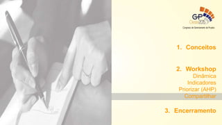 1. Conceitos
2. Workshop
Dinâmica
Indicadores
Priorizar (AHP)
Compartilhar
3. Encerramento
 