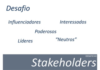 Desafio
Influenciadores           Interessados
              Poderosos
    Líderes           “Neutros”


                                     DESAFIO #2



          Stakeholders
 