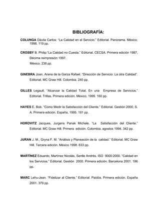 BIBLIOGRAFÍA:
COLUNGA Dávila Carlos: “La Calidad en el Servicio.” Editorial. Panorama. México,
1998. 119 pp.
CROSBY B. Philip:“La Calidad no Cuesta.” Editorial. CECSA. Primera edición 1987,
Décima reimpresión 1997.
México. 238 pp.
GINEBRA Joan, Arana de la Garza Rafael. “Dirección de Servicio: La otra Calidad”.
Editorial. MC Graw Hill. Colombia. 240 pp.
GILLES Legault. “Alcanzar la Calidad Total. En una Empresa de Servicios.”
Editorial. Trillas. Primera edición. México, 1999. 160 pp.
HAYES E. Bob. “Como Medir la Satisfacción del Cliente.” Editorial. Gestión 2000, S.
A. Primera edición. España, 1995. 191 pp.
HOROVITZ Jacques, Jurgens Panak Michele. “La Satisfacción del Cliente.”
Editorial. MC Graw Hill. Primera edición. Colombia, agostos 1994. 342 pp.
JURAN J. M., Gryna F. M. “Análisis y Planeación de la calidad.” Editorial. MC Graw
Hill. Tercera edición. México 1998. 633 pp.
MARTÍNEZ Eduardo, Martínez Nicolás, Senlle Andrés. ISO 9000:2000. “Calidad en
los Servicios.” Editorial. Gestión 2000. Primera edición. Barcelona 2001. 186
pp.
MARC Lehu-Jean. “Fidelizar al Cliente.” Editorial. Paidós. Primera edición. España
2001. 379 pp.
 