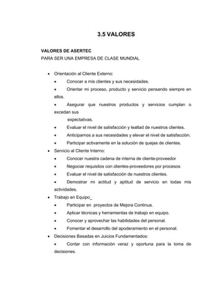3.5 VALORES
VALORES DE ASERTEC
PARA SER UNA EMPRESA DE CLASE MUNDIAL
• Orientación al Cliente Externo:
• Conocer a mis clientes y sus necesidades.
• Orientar mi proceso, producto y servicio pensando siempre en
ellos.
• Asegurar que nuestros productos y servicios cumplan o
excedan sus
expectativas.
• Evaluar el nivel de satisfacción y lealtad de nuestros clientes.
• Anticiparnos a sus necesidades y elevar el nivel de satisfacción.
• Participar activamente en la solución de quejas de clientes.
• Servicio al Cliente Interno:
• Conocer nuestra cadena de interna de cliente-proveedor
• Negociar requisitos con clientes-proveedores por procesos
• Evaluar el nivel de satisfacción de nuestros clientes.
• Demostrar mi actitud y aptitud de servicio en todas mis
actividades.
• Trabajo en Equipo_
• Participar en proyectos de Mejora Continua.
• Aplicar técnicas y herramientas de trabajo en equipo.
• Conocer y aprovechar las habilidades del personal.
• Fomentar el desarrollo del apoderamiento en el personal.
• Decisiones Basadas en Juicios Fundamentados:
• Contar con información veraz y oportuna para la toma de
decisiones.
 