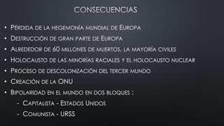 • PÉRDIDA DE LA HEGEMONÍA MUNDIAL DE EUROPA
• DESTRUCCIÓN DE GRAN PARTE DE EUROPA
• ALREDEDOR DE 60 MILLONES DE MUERTOS, LA MAYORÍA CIVILES
• HOLOCAUSTO DE LAS MINORÍAS RACIALES Y EL HOLOCAUSTO NUCLEAR
• PROCESO DE DESCOLONIZACIÓN DEL TERCER MUNDO
• CREACIÓN DE LA ONU
• BIPOLARIDAD EN EL MUNDO EN DOS BLOQUES :
- CAPITALISTA - ESTADOS UNIDOS
- COMUNISTA - URSS
 