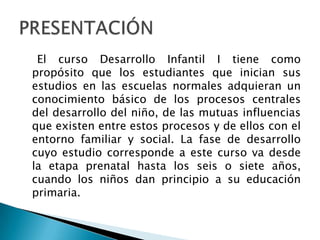     El curso Desarrollo Infantil I tiene como propósito que los estudiantes que inician sus estudios en las escuelas normales adquieran un conocimiento básico de los procesos centrales del desarrollo del niño, de las mutuas influencias que existen entre estos procesos y de ellos con el entorno familiar y social. La fase de desarrollo cuyo estudio corresponde a este curso va desde la etapa prenatal hasta los seis o siete años, cuando los niños dan principio a su educación primaria.PRESENTACIÓN