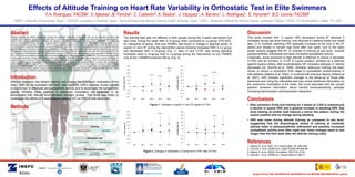 Effects of Altitude Training on Heart Rate Variability in Orthostatic Test in Elite Swimmers
                                                    F.A. Rodríguez,              FACSM1,                 X.     Iglesias 1,              B.     Feriche 2,                        C.    Calderón 3,             X.       Ábalos 1,               J.            Vázquez1, A.       Barrero 1,       L.    Rodríguez 1,   E.   Hynynen4,        B.D. Levine,         FACSM5
   1 INEFC,               University of Barcelona, Spain, 2 FCAFyD, University of Granada, Spain, 3 Sierra Nevada High Altitude Training Center, Granada, Spain, 4 KIHU – Research Institute for Olympic Sports, Jyväskylä, Finland, 5 IEEM / UT Southwestern, Dallas, TX, USA


Abstract                                                                                                                                              Results                                                                                                                                                           Discussion
Different stressors, like athletic training, can change the autonomic modulation of the heart. This can be evaluated with heart rate
variability (HRV) analysis. Acute hypoxia is also known to attenuate parasympathetic activity and accentuate the sympathetic activity.
                                                                                                                                                      The training load was not different in both groups during the 3-week intervention but                                                                             This study showed that: 1) supine HRV decreased during AT whereas it
Whether these changes in autonomic modulation will disappear with altitude acclimatization remains unclear. PURPOSE: This study was                   was lower during the week after in Hi-group when compared to Lo-group (P=0.003).                                                                                  increased during sea level training, and returned to baseline levels one week
made to investigate the effects of 3-week moderate altitude training on HRV in elite swimmers. METHODS: 9 elite swimmers (Hi) of
international level (5 women and 4 men, age 19.4 ± 1.6 years) lived and trained 3 weeks at Sierra Nevada, Spain (2,320 m). Control group              An interaction of group, time and TRIMPs was found in change in spectral power of                                                                                 later, 2) in contrast, standing HRV gradually increased at the end of the AT
(Lo) consisted of 11 swimmers of similar level (7 women and 4 men, age 17.9 ± 1.9 years), who lived and trained at sea level. RR-intervals            supine LF and HF during the intervention period showing increased HRV in Lo group                                                                                 period and tended to remain high level after one week, and 3) the band
were recorded every morning in supine (8-min) and orthostatic (6-min) positions with beat-by-beat heart monitors. Breathing was paced to
12 breaths/min. Recordings were done during the 3-week intervention period and one week before and after. HRV was analyzed from the                   and decreased HRV in Hi-group (Fig. 1). Also LF and LF/HF ratio during standing                                                                                   power spectra suggest that AT, in contrast to training at sea level, induced
last 5-min period of both positions with FFT spectral power analysis. TRIMPs of every training session were calculated to estimate training
load. HRV results are averaged over every week and presented as relative percentage changes. RESULTS: The training load was similar
                                                                                                                                                      increased more in Hi-group than in Lo-group during the intervention at low TRIMPs                                                                                 parasympathetic withdrawal and likely increased sympathetic activity.
in both groups during the 3-week intervention but was lower during the week after in Hi-group when compared to Lo-group (P=0.003). An                 only at the <TRIMPs=median=169 au (Fig. 2).                                                                                                                       Classically, acute exposure to high altitude is believed to induce a decrease
interaction of group, time and TRIMPs was found in change in spectral power of supine LF (-40% vs. +36%, P=0.02) and HF (-46% vs.
+55%, P=0.01) during the intervention period showing increased HRV in Lo group and decreased HRV in Hi-group. Also LF (+93% vs.
                                                                                                                                                                                                                                                                                                                        in HRV and an increase in LF/HF in supine position, perhaps as a defense
+12%, P=0.01) and LF/HF ratio (+79% vs. -2%, P=0.01) during standing increased more in Hi-group than in Lo-group in the end of the                                                                                                                                                                                      against hypoxic stress; after acclimatization HF increases whereas LF activity
intervention. CONCLUSION: The present findings of lower HRV in Hi-group than in Lo-group suggest that the physiological stress of                                          300                                                                          300
training at moderate altitude leads to parasympathetic withdrawal and possibly increased sympathetic activity even after night rest. These                                                                                   Lo                                                                                         decreases (cit. Schmitt et al. 2006). Similarly, strenuous training has been
                                                                                                                                                                           250                                                                          250
changes in autonomic modulation seem to last longer than for the first week after altitude training camp.                                                                                                                    Hi
                                                                                                                                                                                                                                                                                        P=0.004
                                                                                                                                                                                                                                                                                                                        shown to induce a conversion from vagal to sympathetic predominance in
                                                                                                                                                                           200                                                                          200
                                                                                                                                                                                                                                                                                                                        elite athletes (Iellamo et al. 2002). In contrast with previous reports (Atlaoui et
Introduction
                                                                                                                                                                                                  P<0.001
                                                                                                                                                                                                               P=0.001                                                        P=0.006
                                                                                                                                                                           150                                                                          150
                                                                                                                                                                                                                                                                                                                        al. 2007), HRV showed significant changes in the follow-up of these elite




                                                                                                                                                                                                                                  Δ HFsu power (%)
                                                                                                                                                    Δ LFsu power (%)
                                                                                                                                                                           100                                                                          100
Different stressors, like athletic training, can change the autonomic modulation of the                                                                                                                                                                                                                                 swimmers and using the orthostatic test may reveal additional information on
                                                                                                                                                                            50                                                                           50
heart. This can be evaluated with heart rate variability (HRV) analysis. Acute hypoxia                                                                                                                                                                                                                                  the autonomic modulation of the heart. We could speculate that the upright
                                                                                                                                                                             0                                                                            0
is also known to attenuate parasympathetic activity and to accentuate the sympathetic                                                                                                                                                                                                                                   position revealed information about carotid chemosensitivity, perhaps
                                                                                                                                                                            -50                                                                          -50
activity. Whether these changes in autonomic modulation will disappear or be                                                                                                                                                                                                                                            increasing baroreceptor–chemoreceptor interaction.
                                                                                                                                                                           -100                                                                         -100
accentuated with altitude acclimatization remains unclear. This study was made to
                                                                                                                                                                                                                                                                                                                        Conclusions
                                                                                                                                                                           -150                                                                         -150
investigate the effects of 3-week altitude training (AT) on HRV in elite swimmers.                                                                                                Pre    Wk 1      Wk 2         Wk 3       Post                                  Pre   Wk 1    Wk 2     Wk 3      Post


                                                                                                                                                                                                   Figure 1. Changes in supine LF and HF power (% Pre)                                                                  §  Elite swimmers living and training for 3 weeks at 2,320 m experienced
Methods                                                                                                                                                                                                                                                                                                                     a decline in supine HRV and a gradual increase in standing HRV. Sea
                                                                                                                                                                           300                                                                           300                                                                level training at similar load induced a mirror like pattern during the
                                                                                                   Elite swimmers                                                                                               P=0.04
Altitude

                                                                                                                        Lo group
                                                                                                                                                                           250                                                                           250                             P=0.04                             supine position and no change during standing
  (m)                                                                                    Hi group
                                                                                                                                                                           200                                                                           200
                                                                                 n= 9 (5 F, 4 M) 19.4 ± 1.6 y   n= 11 (7 F, 4 M) 17.9 ± 1.9 y
 2,320
                                                                                                                                                                           150
                                                                                                                                                                                                                                                                                                                        §  HRV was lower during altitude training as compared to sea level,
                Pre             Hi           Post                                                                                                                                                                                                        150




                                                                                                                                                                                                                                  Δ LF/Hfor ratio (%)
                                                                                                                                                        Δ LFor power (%)                                                                                                                                                    suggesting that the physiological stress of training at moderate
                                                                                                                                                                           100                                                                           100
                                                                                                         Training                                                                                                                                                                                                           altitude leads to parasympathetic withdrawal and possibly increased
                                                                                                                                                                            50                                                                            50
                                                                                     Altitude 2,320 m                   Sea level                                                                                                                                                                                           sympathetic activity even after night rest; these changes seem to last
                                                                                                                                                                             0                                                                             0
                                                                                                                                                                                                                                                                                                                            longer than the first week after the altitude training camp
                                                                                                                                                                            -50                                                                          -50

                                                                                                   Orthostatic test
                                                                                                                                                                                                                                                                                                                        References
                                Lo                                                                                                                                         -100                                                                         -100
    0
                                                                                       8 min supine                  6 min orthostatic                                     -150                                                                         -150
           -1         0     1        2   3          +1   Weeks
                                                                                                                                                                                  Pre    Wk 1      Wk 2         Wk 3       Post                                  Pre   Wk 1    Wk 2      Wk 3     Post
                                                                                                                                                                                                                                                                                                                        1. Atlaoui D. et al. 2007. Int J Sports Med, 28: 394-400
                                                                                               RR intervals analysis                                                                                                                                                                                                    2. Cornolo J. et al. (2006) Eur J Appl Physiol 96:389-96
                                                                                                                                                                                           Figure 2. Changes in orthostatic LF power and LF/HF ratio (% Pre)                                                            3. Iellamo F. et al. (2002) Circulation 105:2719–2724
                                                                                                        FFT spectral
                                                                                  5-min windows                            Kubios HRV 2.0
                                                                                                       power analysis                                                                                                                                                                                                   4. Schmitt L. et al. (2006) Int J Sports Med 27:226-31



                                                                                                                                                                                            Institute for Exercise and
                                                                                                                                                                                            Environmental Medicine


                                                                                                                                                                                                                                                                                                                             Supported by CSD (35/UPB10/10, 05/UPB32/10) and MICINN (DEP2009-09181) grants
 