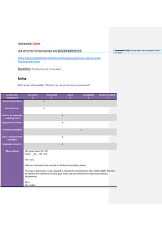Homework: Game
Log on to the following page and play the games in it
https://learnenglishkids.britishcouncil.org/en/grammar-practice/will-
future-predictions
Transition:“Oh, look at the time, it’stime to go”
Ending
Before leaving I will say goodbye. “We have to go… see you next class, see you tomorrow”
Lesson plan
component
Excellent
5
Very Good
4
Good
3
Acceptable
2
Below Standard
1
Visual organization x
Learning aims x
Variety of resources
– Learning styles
x
Stagesand activities x
Teaching strategies x
Class. management
strategies
x
Language accuracy x
Observations Minimum score:21 / 35
Score: __22__ /35 = 6.5
Dear Luis,
Take our comments into account for further lesson plans, please.
This was a special case,as you wanted to change the secondlesson after deliveringthe first one.
Remember we need time to check your work, and you need time to make the necessary
adjustments.
Best,
Your tutors
Comentado [A22]: Will you explain what the games are bout?
You should.
 
