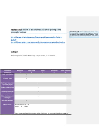Homework: Connect to the internet and enjoy playing some
geography quizzes
http://www.triviaplaza.com/basic-world-geography-facts-1-
quiz/#
http://lizardpoint.com/geography/s-america-physical-quiz.php
Ending 1’
Before leaving I will say goodbye. “We have to go… see you next class, see you tomorrow”
Lesson plan
component
Excellent
5
Very Good
4
Good
3
Acceptable
2
Below Standard
1
Visual organization x
Learning aims x
Variety of resources
– Learning styles
x
Stagesand activities x
Teaching strategies x
Class. management
strategies
x
Language accuracy x
Observations Minimum score: 21 / 35
Score: __24__ /35 = 7
Even though you have 80 minutes to deliver this lesson, we recommend you keep an eye on
Comentado [A39]: We have made the same comment inyour
thirdlesson plan for primary school. Start using different resources
for homework. Besides, how are you checking homework? At least,
you should make some reference tothe homework on the following
lesson.
 