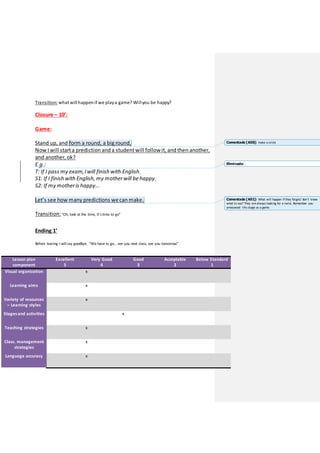 Transition: what willhappen if we playa game? Willyou be happy?
Closure – 10’:
Game:
Stand up, and form a round, a big round,
Now I will starta prediction and a studentwill followit, and then another,
and another, ok?
E.g.:
T: If I pass my exam,I will finish with English.
S1: If I finish with English, my motherwill be happy.
S2: If my motheris happy…
Let’s see how many predictions wecan make.
Transition:“Oh, look at the time, it’stime to go”
Ending 1’
Before leaving I will say goodbye. “We have to go… see you next class, see you tomorrow”
Lesson plan
component
Excellent
5
Very Good
4
Good
3
Acceptable
2
Below Standard
1
Visual organization x
Learning aims x
Variety of resources
– Learning styles
x
Stagesand activities x
Teaching strategies x
Class. management
strategies
x
Language accuracy x
Comentado [A50]: make a circle
Eliminado: ,
Comentado [A51]: What will happen ifthey forget/ don´t know
what to say? They arealways looking for a twist. Remember you
announced this stage as agame.
 