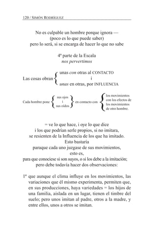No es culpable un hombre porque ignora —
(poco es lo que puede saber)
pero lo será, si se encarga de hacer lo que no sabe
4ª parte de la Escala
nos pervertimos
Las cosas obran
Cada hombre pone en contacto con
= ve lo que hace, i oye lo que dice
i los que podrían serle propios, si no imitara,
se resienten de la Influencia de los que ha imitado.
Esto bastaría
paraque cada uno juzgase de sus movimientos,
esto es,
para que conociese si son suyos, o si los debe a la imitación;
pero debe todavía hacer dos observaciones:
1ª que aunque el clima influye en los movimientos, las
variaciones que él mismo experimenta, permiten que,
en sus producciones, haya variedades = los hijos de
una familia, aislada en un lugar, tienen el timbre del
suelo; pero unos imitan al padre, otros a la madre, y
entre ellos, unos a otros se imitan.
120 / SIMÓN RODRÍGUEZ
unas con otras al CONTACTO
i
unas en otras, por INFLUENCIA
sus ojos
i
sus oídos
los movimientos
con los efectos de
los movimientos
de otro hombre.
}
} } }
 