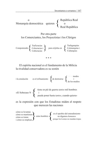 o República Real
Monarquía democrática quieren o
Real República
Por otra parte
los Comerciantes, los Proyectistas i los Clérigos
Componiendo para erijirlas en
* * *
El espíritu nacional es el fundamento de la Milicia
la rivalidad conservadora es su sostén
i la emulación es el refinamiento de destruirse
tiene en pié de guerra tantos mil hombres
«El Soberano N i
puede poner hasta tantos, cuando quiera»
es la expresión con que los Estadistas miden el respeto
que merecen las naciones
cómo se levantan
cómo se mantienen
cómo se tratan
i cómo se emplean
Inventamos o erramos / 167
Traficracias
Colocracias i
Culticracias
Trafagarquías
Colonarquías i
Cultarquías
· · modos
i
de los medios
}
}
}}
} }
}
} }es el oprobio del entendimiento
no digamos humanos
porque los Leones no mandan tropas
estos hombres
 