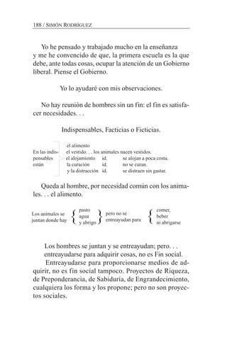 Yo he pensado y trabajado mucho en la enseñanza
y me he convencido de que, la primera escuela es la que
debe, ante todas cosas, ocupar la atención de un Gobierno
liberal. Piense el Gobierno.
Yo lo ayudaré con mis observaciones.
No hay reunión de hombres sin un fin: el fin es satisfa-
cer necesidades. . .
Indispensables, Facticias o Ficticias.
el alimento
En las indis- el vestido. . . los animales nacen vestidos.
pensables el alojamiento id. se alojan a poca costa.
están la curación id. no se curan.
y la distracción id. se distraen sin gastar.
Queda al hombre, por necesidad común con los anima-
les. . . el alimento.
pasto comer,
agua beber
y abrigo ni abrigarse
Los hombres se juntan y se entreayudan; pero. . .
entreayudarse para adquirir cosas, no es Fin social.
Entreayudarse para proporcionarse medios de ad-
quirir, no es fin social tampoco. Proyectos de Riqueza,
de Preponderancia, de Sabiduría, de Engrandecimiento,
cualquiera los forma y los propone; pero no son proyec-
tos sociales.
188 / SIMÓN RODRÍGUEZ
Los animales se
juntan donde hay
pero no se
entreayudan para} }}
 