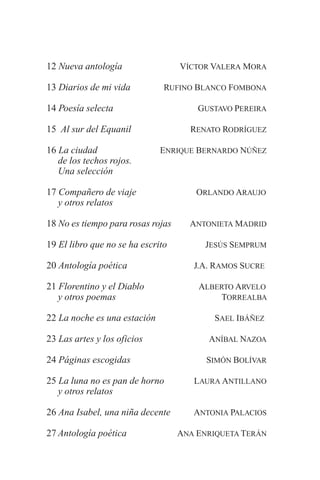 12 Nueva antología VÍCTOR VALERA MORA
13 Diarios de mi vida RUFINO BLANCO FOMBONA
14 Poesía selecta GUSTAVO PEREIRA
15 Al sur del Equanil RENATO RODRÍGUEZ
16 La ciudad ENRIQUE BERNARDO NÚÑEZ
de los techos rojos.
Una selección
17 Compañero de viaje ORLANDO ARAUJO
y otros relatos
18 No es tiempo para rosas rojas ANTONIETA MADRID
19 El libro que no se ha escrito JESÚS SEMPRUM
20 Antología poética J.A. RAMOS SUCRE
21 Florentino y el Diablo ALBERTO ARVELO
y otros poemas TORREALBA
22 La noche es una estación SAEL IBÁÑEZ
23 Las artes y los oficios ANÍBAL NAZOA
24 Páginas escogidas SIMÓN BOLÍVAR
25 La luna no es pan de horno LAURA ANTILLANO
y otros relatos
26 Ana Isabel, una niña decente ANTONIA PALACIOS
27 Antología poética ANA ENRIQUETA TERÁN
 