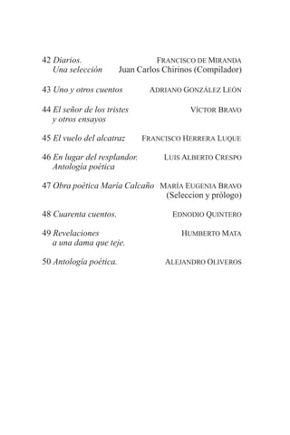 42 Diarios. FRANCISCO DE MIRANDA
Una selección Juan Carlos Chirinos (Compilador)
43 Uno y otros cuentos ADRIANO GONZÁLEZ LEÓN
44 El señor de los tristes VÍCTOR BRAVO
y otros ensayos
45 El vuelo del alcatraz FRANCISCO HERRERA LUQUE
46 En lugar del resplandor. LUIS ALBERTO CRESPO
Antología poética
47 Obra poética María Calcaño MARÍA EUGENIA BRAVO
(Seleccion y prólogo)
48 Cuarenta cuentos. EDNODIO QUINTERO
49 Revelaciones HUMBERTO MATA
a una dama que teje.
50 Antología poética. ALEJANDRO OLIVEROS
 
