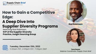 How to Gain a Competitive
Edge:
A Deep Dive Into
Supplier Diversity Programs
Rod Robinson
Tuesday, December 13th, 2022
11:00am PST, 2:00pm EST, 7:00pm GMT Tara Dwyer
Webinar Coordinator, Supply Chain Brief
featuring Rod Robinson,
SVP of the Supplier Diversity
Practice, Insight Sourcing Group
 