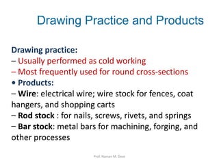Drawing Practice and Products
Drawing practice:
– Usually performed as cold working
– Most frequently used for round cross-sections
• Products:
– Wire: electrical wire; wire stock for fences, coat
hangers, and shopping carts
– Rod stock : for nails, screws, rivets, and springs
– Bar stock: metal bars for machining, forging, and
other processes
Prof. Naman M. Dave
 